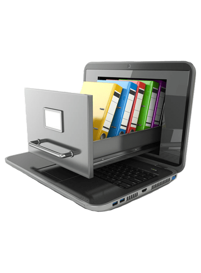 computer with a drawer full of files